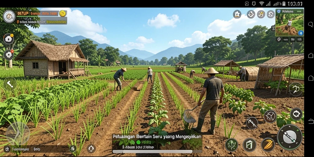 Tampilan gameplay 987UP dengan ladang yang subur dan aktivitas bertani.