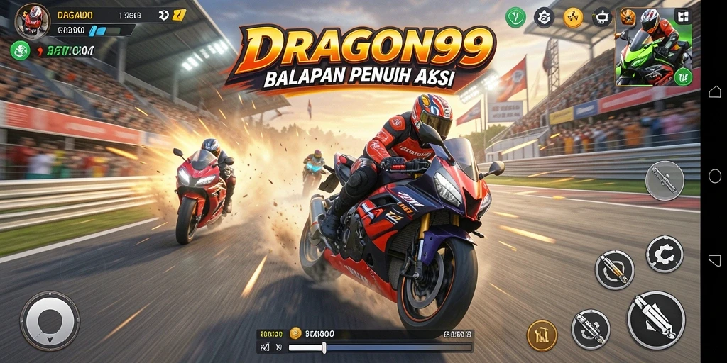 Screenshot utama DRAGON99 menunjukkan aksi balapan motor yang seru.