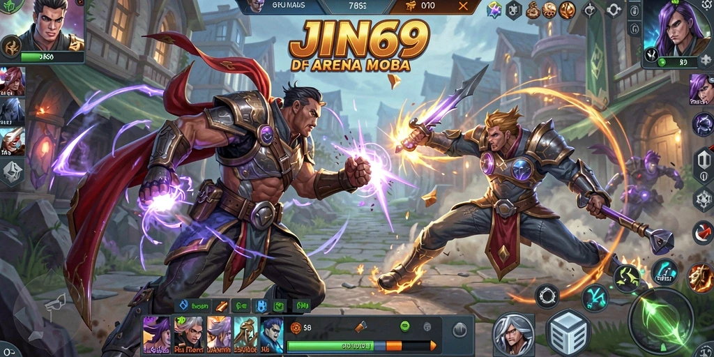 Screenshot utama JIN69 menampilkan pertarungan seru di arena MOBA.