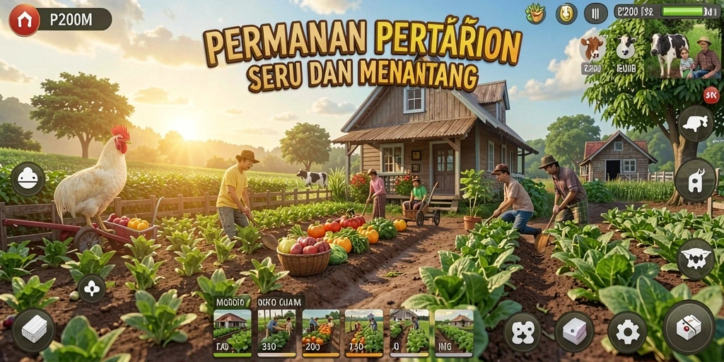 Screenshot gameplay P200M yang menunjukkan aktivitas bertani seru.