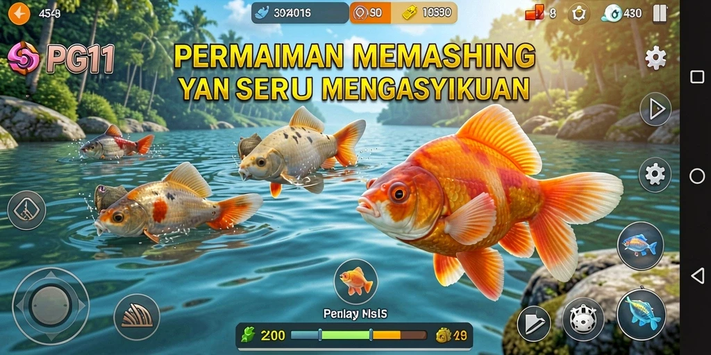 Screenshot gameplay PG11 dengan aksi memancing yang seru.