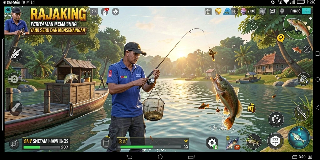 Screenshot gameplay menampilkan pengalaman memancing yang seru.
