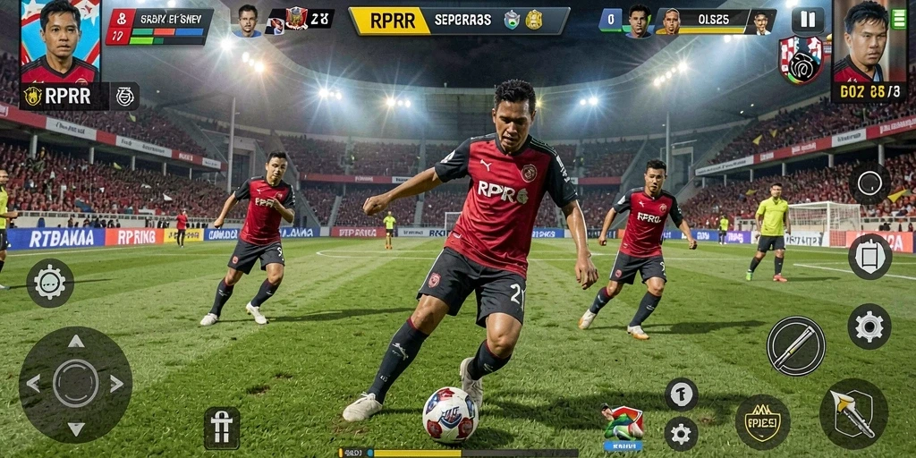 Screenshot gameplay RPRR yang menggambarkan aksi seru sepak bola.