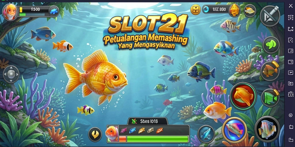Tampilan gameplay SLOT21 yang seru dan penuh warna saat memancing.